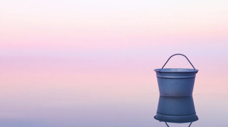 A sea bucket placed at the edge of the water, reflecting the soft hues of the evening sky.の素材