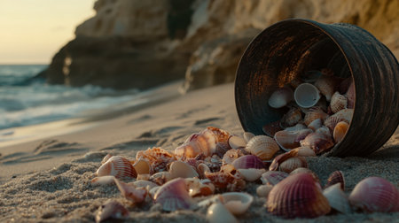 A sea bucket overturned, spilling colorful seashells onto the sand under soft afternoon light.の素材