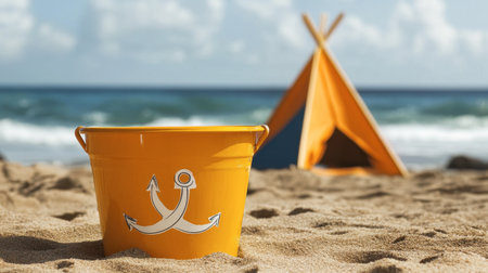A sea bucket doubling as a makeshift anchor for a small beach tent.の素材