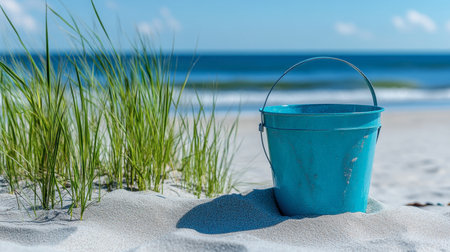 A sea bucket half-buried in the sand with a backdrop of beach grasses swaying in the breeze.の素材