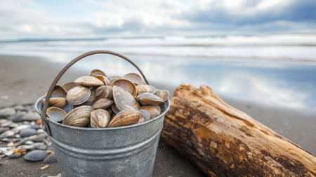 A sea bucket filled with fresh clams, placed beside a driftwood log on a quiet beach.の素材