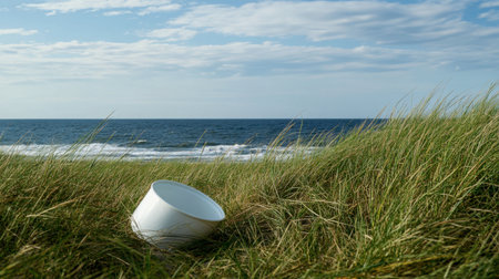 A sea bucket nestled in dune grass, with a panoramic view of the sparkling ocean beyond.の素材