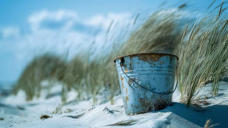 A sea bucket half-buried in the sand with a backdrop of beach grasses swaying in the breeze.の素材