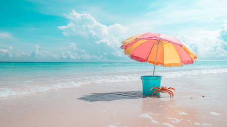 A sea bucket with a small crab trying to escape, sitting on the shore under a colorful beach umbrella.の素材