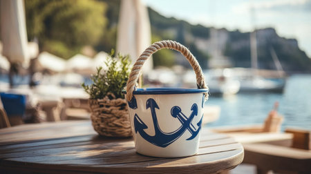 A sea bucket with a nautical design, used as a playful decoration at a seaside cafe.の素材