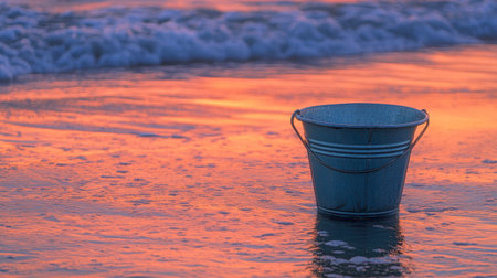 A sea bucket placed at the edge of the water, reflecting the soft hues of the evening sky.の素材