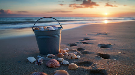 A sea bucket overflowing with collected shells and pebbles, surrounded by footprints on a tranquil beach.の素材