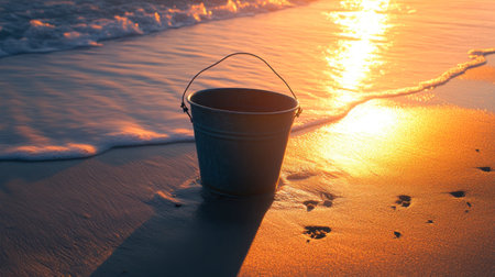 A sea bucket set against a vibrant sunrise, casting long shadows across the sand.の素材