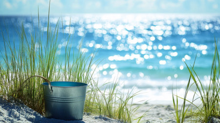 A sea bucket nestled in dune grass, with a panoramic view of the sparkling ocean beyond.の素材