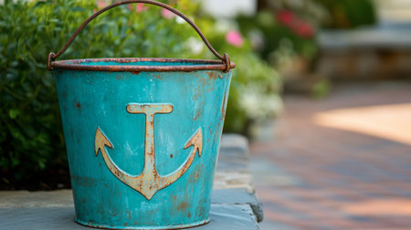 A sea bucket with a nautical design, used as a playful decoration at a seaside cafe.の素材