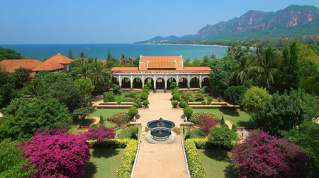 A panoramic view of the Royal Palace of Pranburi surrounded by vibrant flowers and overlooking the calm sea.の素材