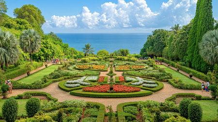 A day at the Royal Palace of Pranburi, with visitors enjoying its gardens and panoramic sea vistas.の素材
