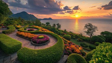 A beautiful view of the Royal Palace of Pranburi, surrounded by colorful gardens and overlooking the tranquil sea.の素材