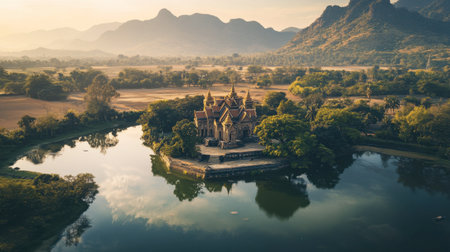 A drone perspective of the Royal Palace of Pranburi, showcasing its royal elegance and natural surroundings.の素材