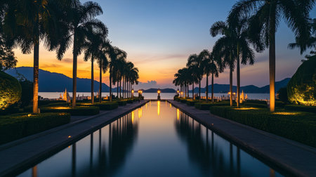 A perfect evening at the Royal Palace of Pranburi, with its gardens glowing under warm lights and the sea reflecting twilight hues.の素材