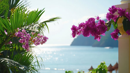 A peaceful morning at the Royal Palace of Pranburi, with dew-kissed flowers and a quiet sea view.の素材