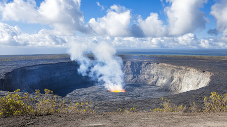 A barren volcanic landscape with a single plume of steam rising into the air.の素材