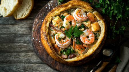 A bread bowl of seafood chowder with parsley garnish on a wooden table, surrounded by cozy rustic decor.の素材