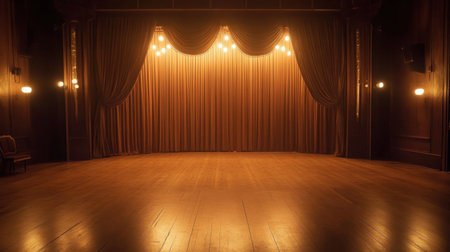 A beautifully lit stage with plush curtains, classic vintage lights, and polished wood floors perfect for theatrical events.の素材