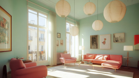 A bright and cheerful pastel living room with mint walls, pink furniture, and hanging paper lanterns.の素材