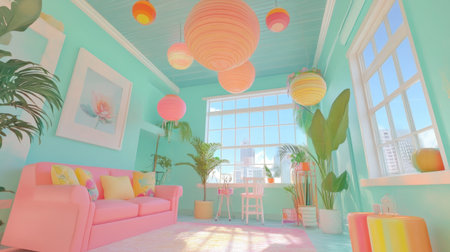 A bright and cheerful pastel living room with mint walls, pink furniture, and hanging paper lanterns.の素材