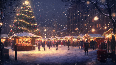A bustling Christmas market with twinkling lights, festive stalls, and people sipping hot cocoa under the evening sky.の素材