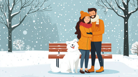 A cheerful couple in stylish winter outfits hugging their white dog on a park bench, with snow-covered trees in the background.の素材