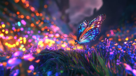 A butterfly perched delicately on a flower at Flora Park, surrounded by an explosion of color in the background.の素材