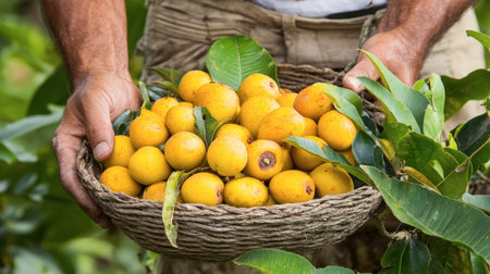 A bright yellow loquat rests in a tropical-style basket, surrounded by natural elements.の素材