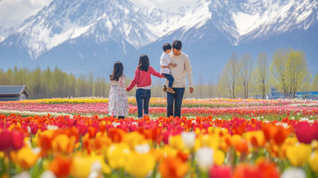 A cheerful scene of families strolling through the flower fields at Flora Park, enjoying the beauty of nature.の素材