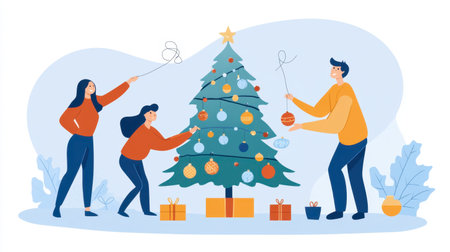 A cheerful family decorating the Christmas tree together, placing ornaments and stringing lights.の素材