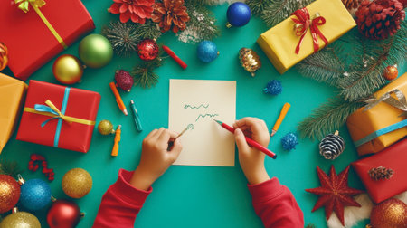 A child writing a letter to Santa Claus on a colorful desk surrounded by Christmas decorations.の素材