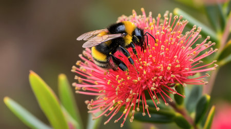 A close-up of a bee collecting nectar from a flower at Flora Park, showcasing nature's intricate connections.の素材