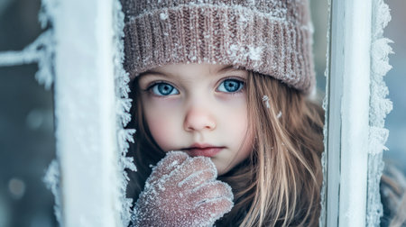 A child peeking through a frosty window, excitedly waiting for Santa Claus to arrive on Christmas Eve.の素材
