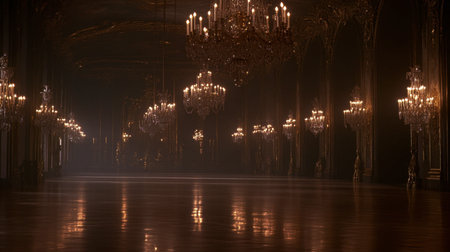 A classic view of Versailles Castle's Hall of Mirrors, emphasizing its iconic chandeliers and majestic space.の素材