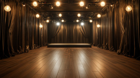 A classic yet modern stage adorned with neutral curtains, bright lights, and sleek wooden floors for all types of events.の素材