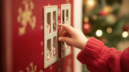 A child excitedly opening an advent calendar, revealing a tiny chocolate treat behind the door.の素材