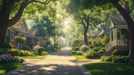 A classic suburban street with matching houses, green gardens, and bright sunlight adding life to the scene.の素材