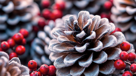 A close-up of frosty pinecones and red berries arranged in a decorative holiday centerpiece.の素材