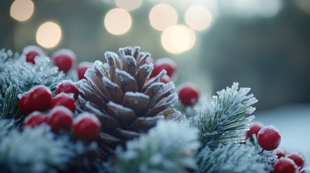 A close-up of frosty pinecones and red berries arranged in a decorative holiday centerpiece.の素材