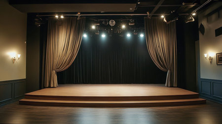 A contemporary stage setting with clean lines, heavy curtains, vintage sconces, and a warm-toned wooden platform.の素材