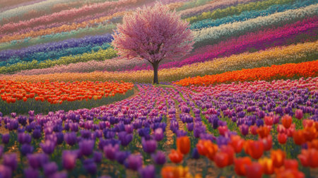 A colorful mosaic of blooming flowers at Flora Park, creating a stunning visual impact.の素材