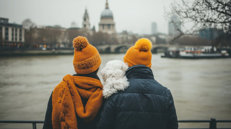 A couple in knitted scarves and hats walking with their fluffy white dog along a scenic riverbank in the city.の素材