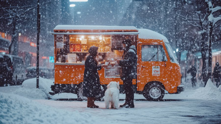 A couple and their fluffy white dog standing near a cozy food truck on a snowy city street, holding warm drinks.の素材