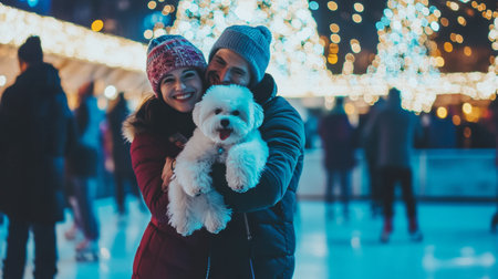 A couple hugging their fluffy white dog near a sparkling urban ice-skating rink filled with smiling people.の素材