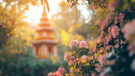 A close-up of the Royal Palace of Pranburis intricate architecture, framed by blooming flowers and sea views.の素材