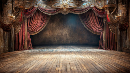 A cozy yet sophisticated stage with warm lighting, beautiful curtains, and a well-worn wooden floor ready for a play.の素材