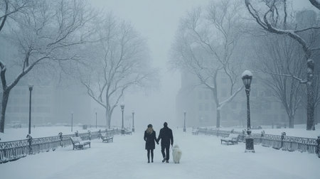A couple walking hand in hand with their fluffy white dog, surrounded by snow-dusted trees in an urban park.の素材