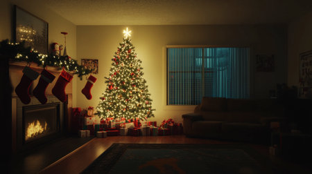 A cozy living room decorated with a beautifully lit Christmas tree, stockings hung by the fireplace, and gifts under the tree.の素材
