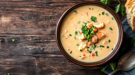 A creamy seafood chowder bread bowl sits on a rustic wooden table, with a garnish of fresh parsley and a spoon nearby.の素材